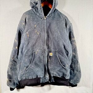Carhartt J130 BLK Black Canvas Jacket Hooded Quilted Flannel Lined Size 2XL